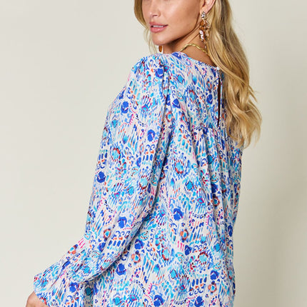 Double Take Full Size Printed Flounce Sleeve Blouse