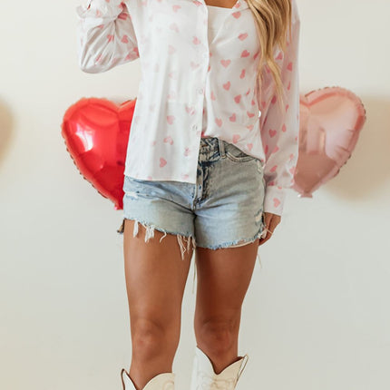 Heart Print Collared Neck Long Sleeve Shirt