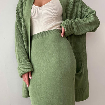 Pocketed Long Sleeve Cardigan and Skirt Sweater Set