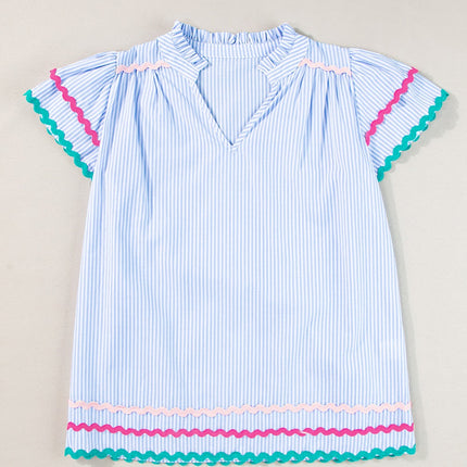 Striped Notched Short Sleeve Blouse