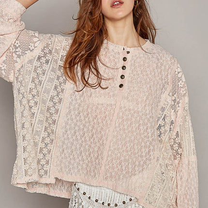 POL Round Neck Long Sleeve Raw Edge Lace Top