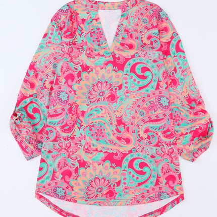 Plus Size Printed Notched Long Sleeve Blouse