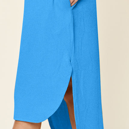 Double Take Full Size Round Neck Short Sleeve Slit Dress