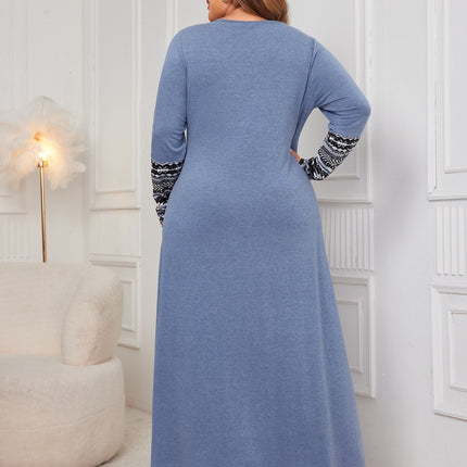 Plus Size Printed Round Neck Long Sleeve Dress