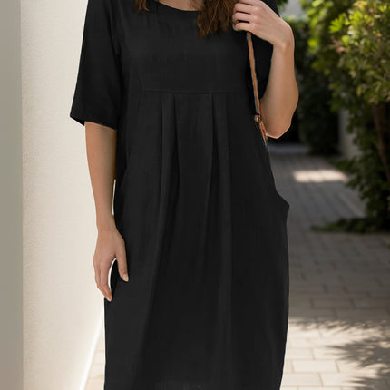 Full Size Round Neck Half Sleeve Dress with Pockets