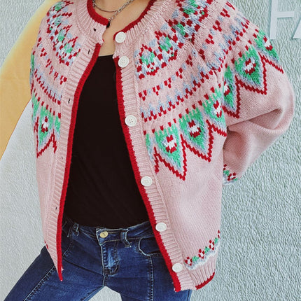 Contrast Geometric Round Neck Long Sleeve Cardigan