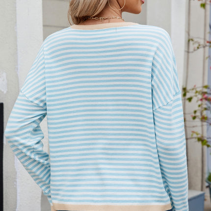 Striped Contrast Round Neck Long Sleeve Sweater