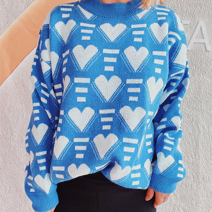 Heart Contrast Long Sleeve Dropped Shoulder Sweater