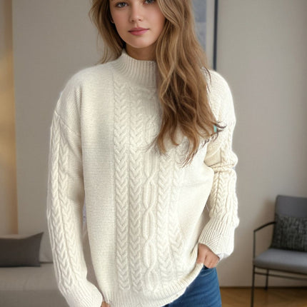 Cable-Knit Mock Neck Dropped Shoulder Sweater