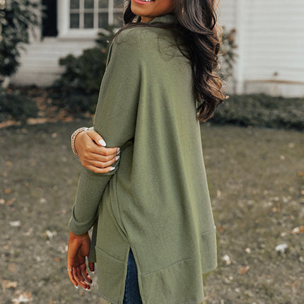 Side Slit High-Low Cowl Neck Long Sleeve Blouse