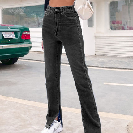 Side Slit High Waist Jeans with Pockets