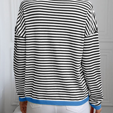 Contrast Trim Striped V-Neck Long Sleeve Knit Top