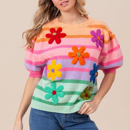 BiBi Flower Patch Puff Sleeve Striped Sweater