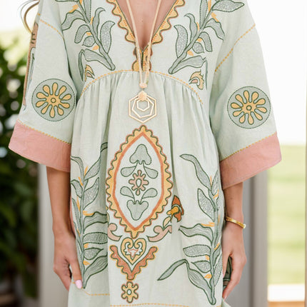 Printed V-Neck Three-Quarter Sleeve Mini Dress - Vickie Lynn's