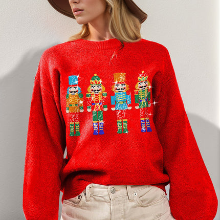 Double Take Full Size Sequin Nutcracker Long Sleeve Sweater