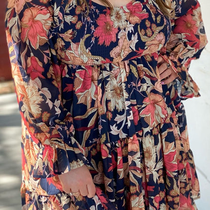 Plus Size Smocked Printed Long Sleeve Dress