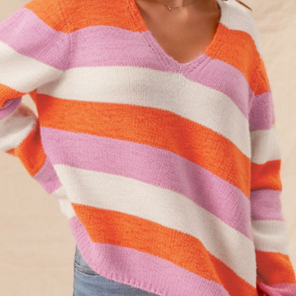 Color Block V-Neck Long Sleeve Sweater