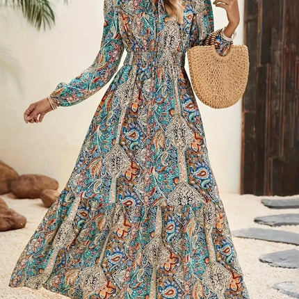 Printed Tie Neck Long Sleeve Maxi Dress