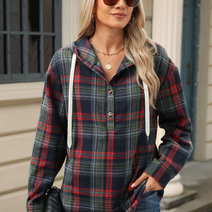 Drawstring Plaid Hooded Long Sleeve Top