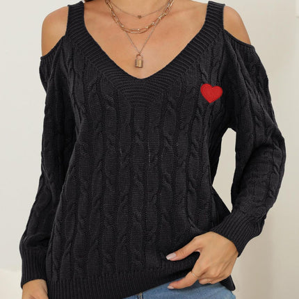 Cable-Knit Heart V-Neck Sweater