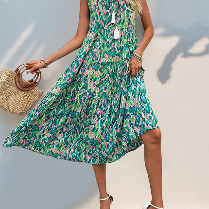 Tassel Printed Tie Neck Sleeveless Dress