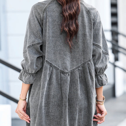 Distressed Collared Neck Flounce Sleeve Denim Dress