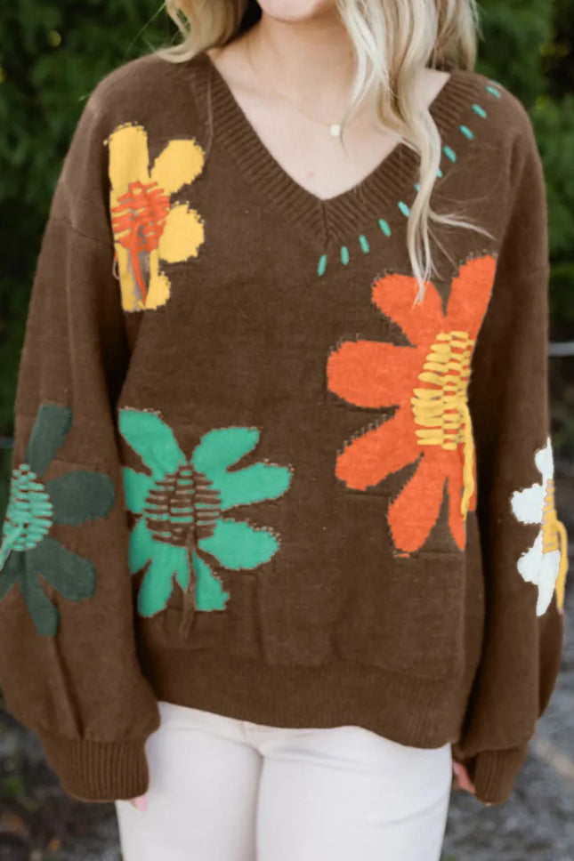 Flower V-Neck Dropped Shoulder Sweater - Vickie Lynn's