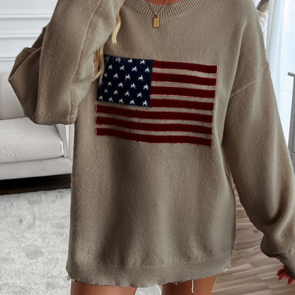 Devine US Flag Round Neck Long Sleeve Knit Top - Vickie Lynn's