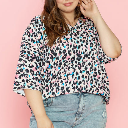 Plus Size Leopard V-Neck Three-Quarter Sleeve Blouse