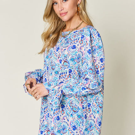 Double Take Full Size Printed Flounce Sleeve Blouse