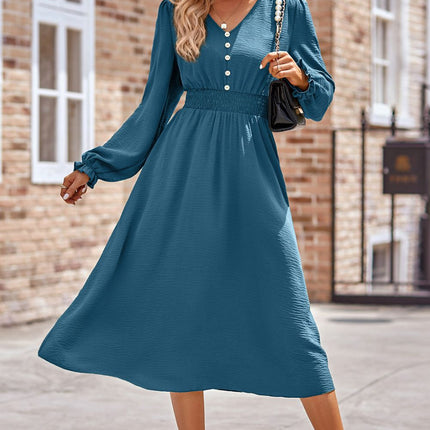 Smocked V-Neck Flounce Sleeve Midi Dress