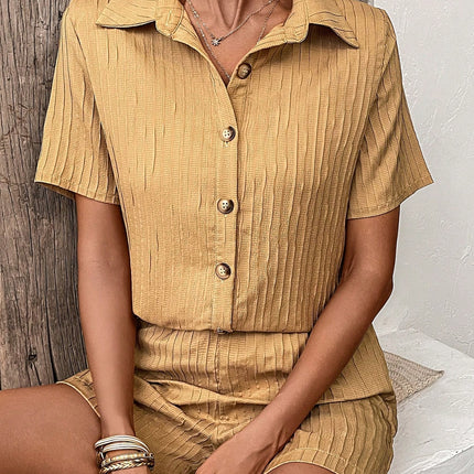 Textured Button Up Shirt and Shorts Set