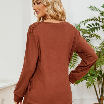 Ruched Shoulder Round Neck Long Sleeve Sweatshirt