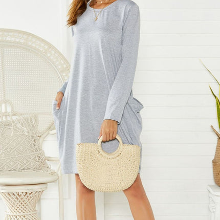 Pocketed Round Neck Long Sleeve Dress