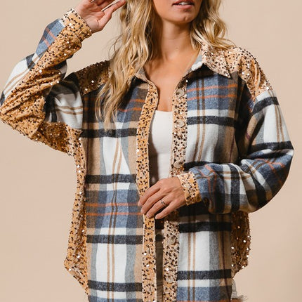 BiBi Curved Hem Sequin Plaid Button Up Shacket