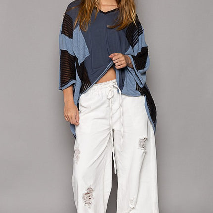 POL High-Low Contrast V-Neck Top