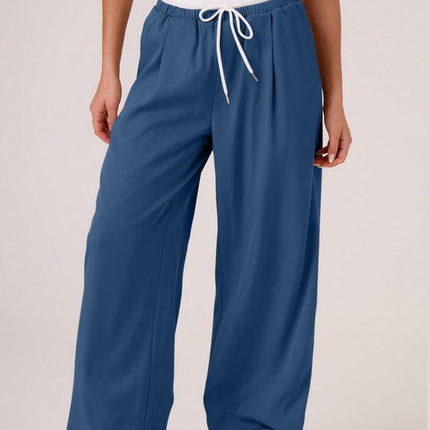 Contrast Waistband Drawstring Wide Leg Pants