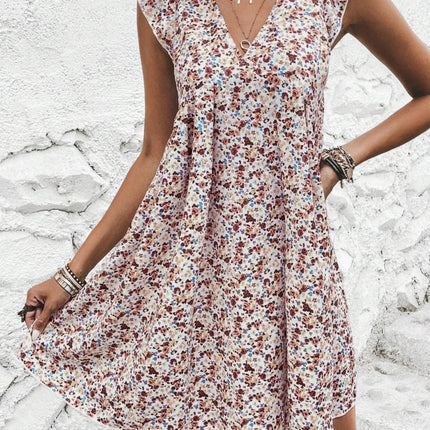 Printed V-Neck Cap Sleeve Mini Dress