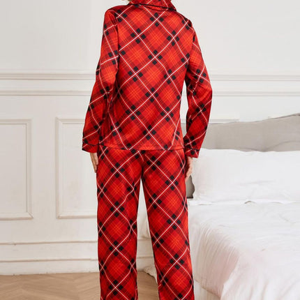 Plaid Button Up Long Sleeve Top and Pants Lounge Set