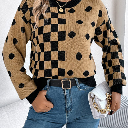 Plaid Round Neck Long Sleeve Sweater