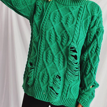 Distressed Cable-Knit Round Neck Long Sleeve Sweater