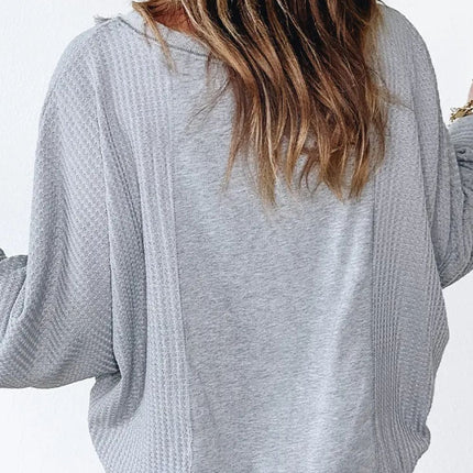 Waffle-Knit Round Neck Long Sleeve Top