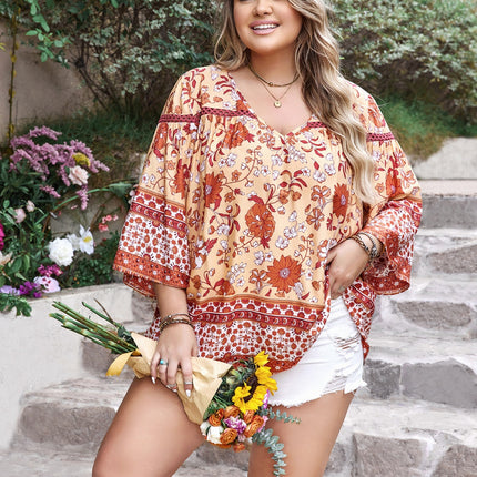 Plus Size Printed V-Neck Three-Quarter Sleeve Blouse