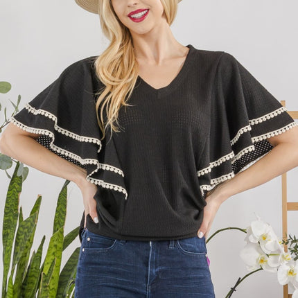 Celeste Full Size V-Neck Lace Trim Flutter Sleeve Top