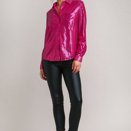 Umgee Sequin Long Sleeve Shirt with Side Chest Pocket