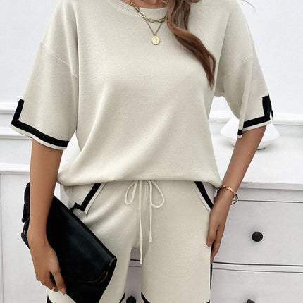 Contrast Trim Round Neck Top and Shorts Set