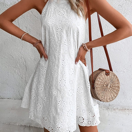 Eyelet Grecian Neck Mini Dress