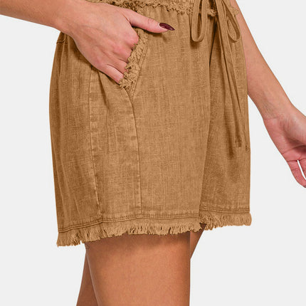 Zenana Washed Linen Frayed Hem Drawstring Shorts