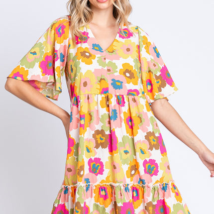 GeeGee Full Size Floral V-Neck Ruffle Trim Mini Dress