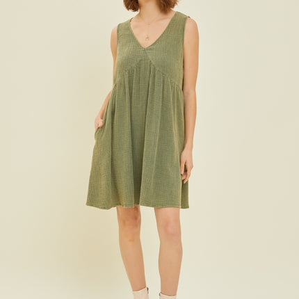 HEYSON Full Size Texture V-Neck Sleeveless Flare Mini Dress